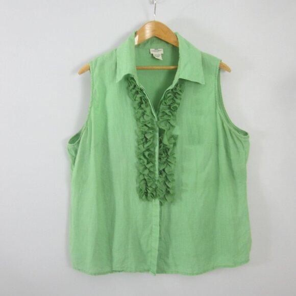 Carroll Reed Womens Plus 1X Green 100% Linen Ruffle Front Sleeveless Shirt Top - Picture 1 of 12